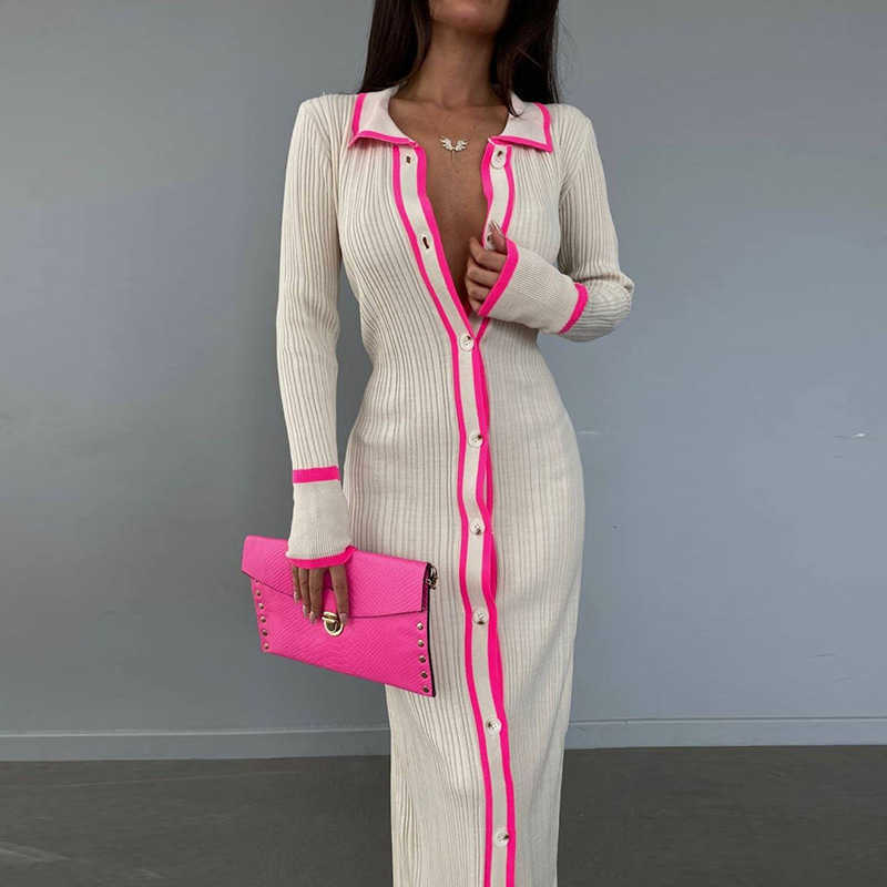 New Slim Fitting Lapel Patchwork Womens Long Sleeved Cardigan Dress YF2334