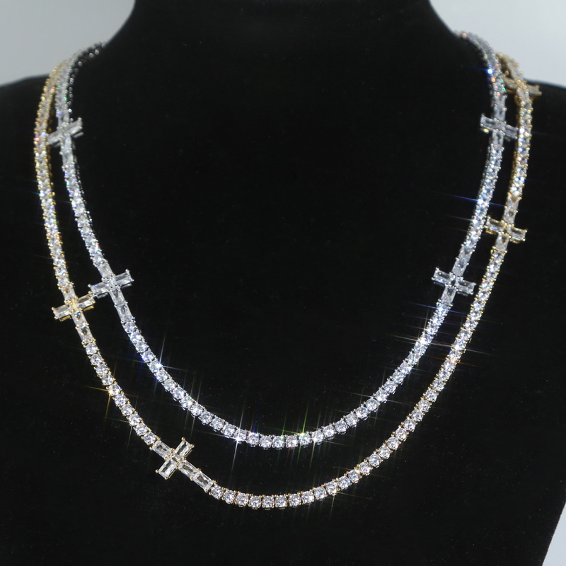 New Designer 3MM Tennis Chain with Cross Charm Choker Necklace Hip Hop Women Men Full Paved Pink Blue 5A Cubic Zirconia Party Gift Jewelry