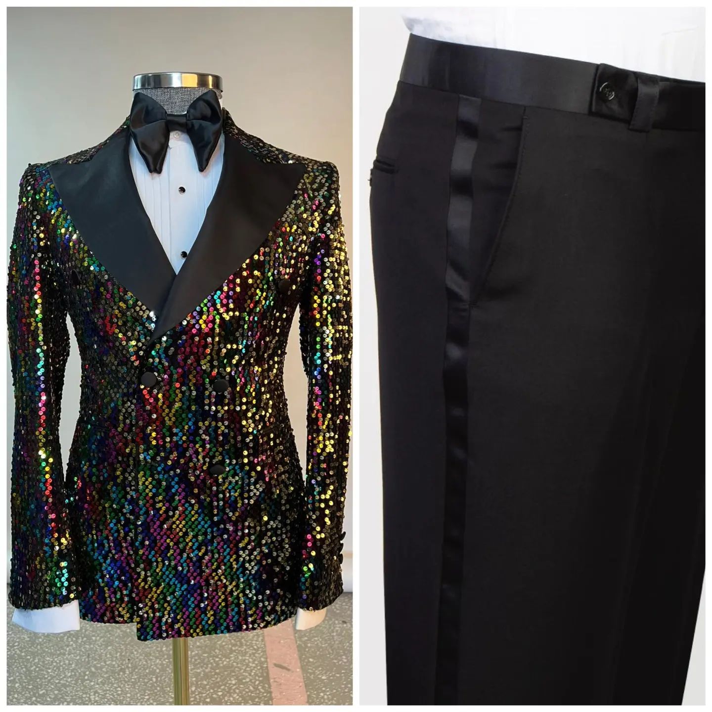 Sparkly Men Suits For Wedding Peaked Lapel Groom Wear Double Breasted Tuxedos 2 Pcs Coat With Pants Prom Evening Party Customize