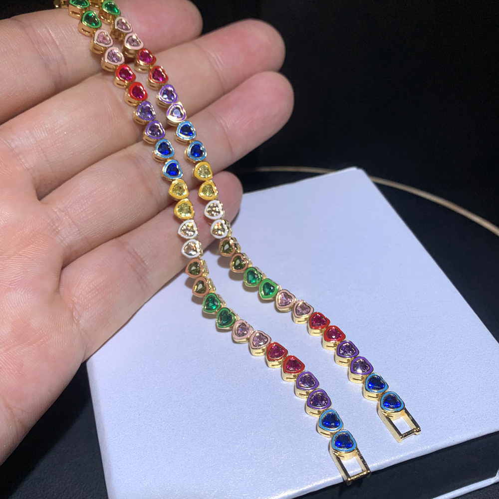 Charm Bracelets Summer Selling Women Jewelry Rainbow Enamel Bezel Heart Shaped CZ Tennis Bracelet 230814