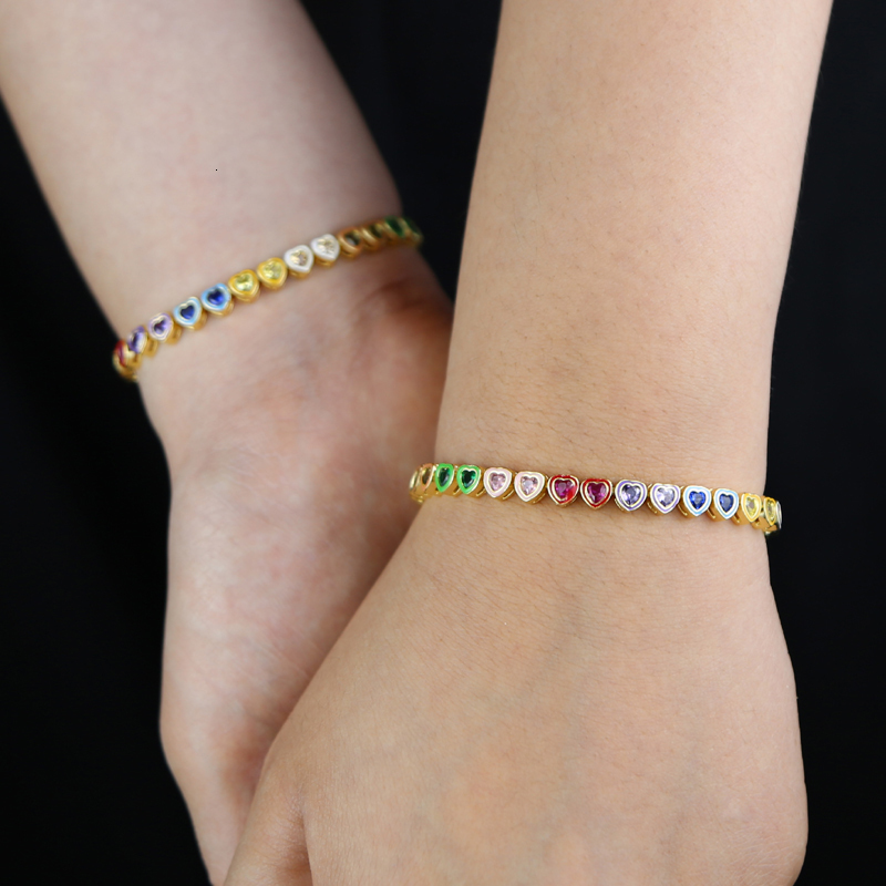 Charm Bracelets Summer Selling Women Jewelry Rainbow Enamel Bezel Heart Shaped CZ Tennis Bracelet 230814