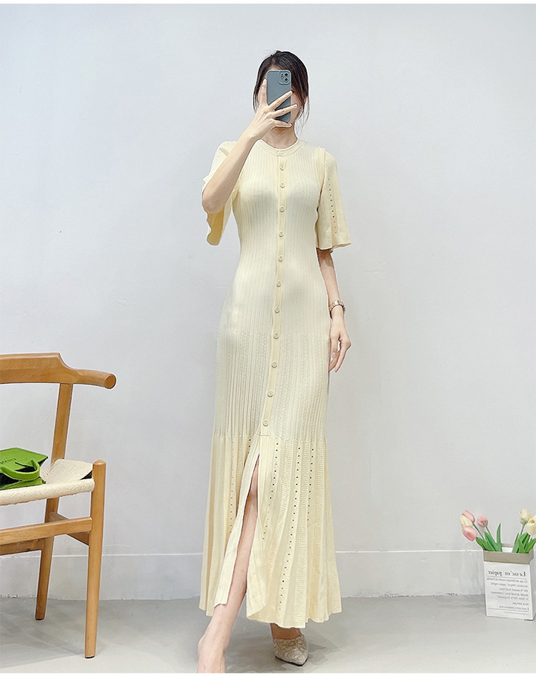 Sandro Fit Knit Dress Short Sleeve Hollowed out Midi Mermaid Dress for Womenr