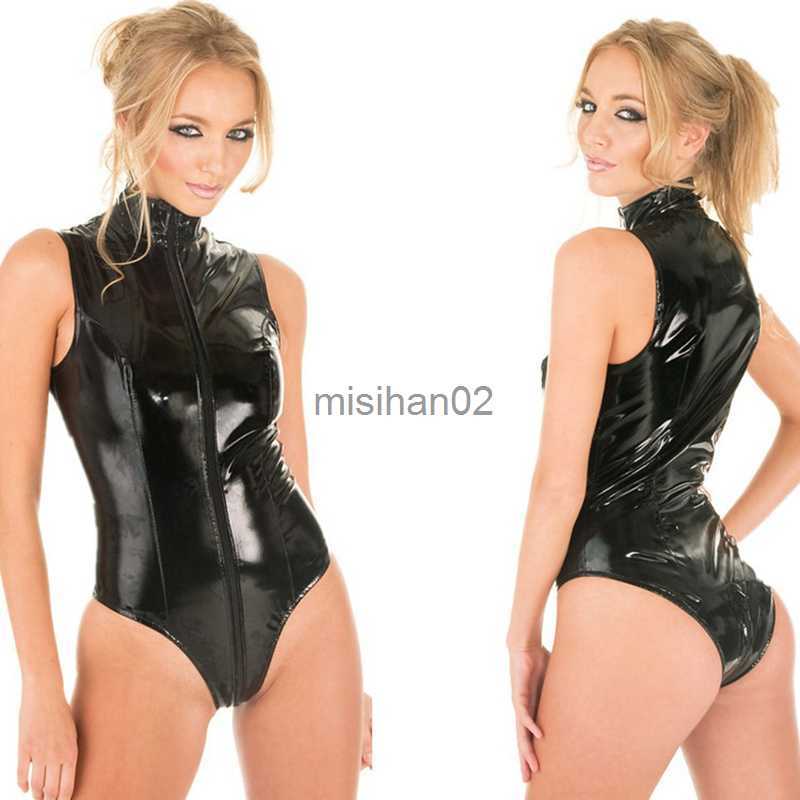 Women's Jumpsuits Rompers Black Crotch Zipper Sleeveless Sexy Spandex Bodysuit Leather Latex Catsuit PVC Jumpsuit Women Short PU BodySuit Clubwea
