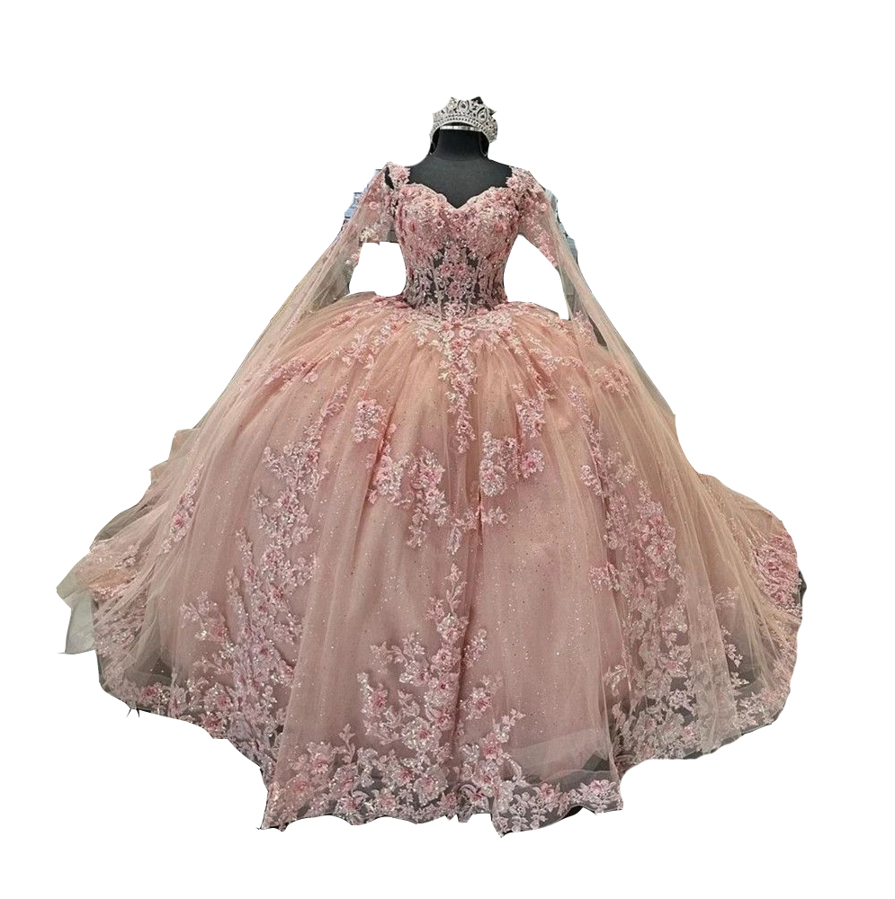 Sexy Quinceanera Dresses Blush Pink Lace Appliques Crystal Beads Sweetheart Ruffles Long Sleeves Plus Size Formal Party Prom Evening Gowns Corset Back