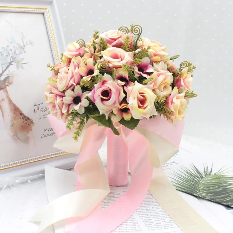 Wedding Flowers Bouquet With Silk Satin Ribbon Pink White Champagne Bridesmaid Bridal Party Holding FlowersArtificial Natural RoseZZ