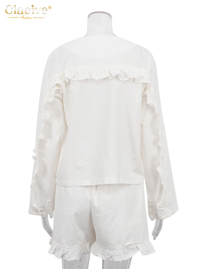 Women's Two Piece Pants Clacive Fashion Beige Linen 2 Set Outfit Casual Loose Long Sleeve Shirts With High Waist Ruffle Shorts Female 230812