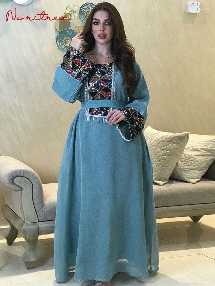 Ethnic Clothing Silky Party Dresses Fashion Sequined Beading Middle East Arab Abaya Female Islamic Soft Muslim Withe Belt Wy1429