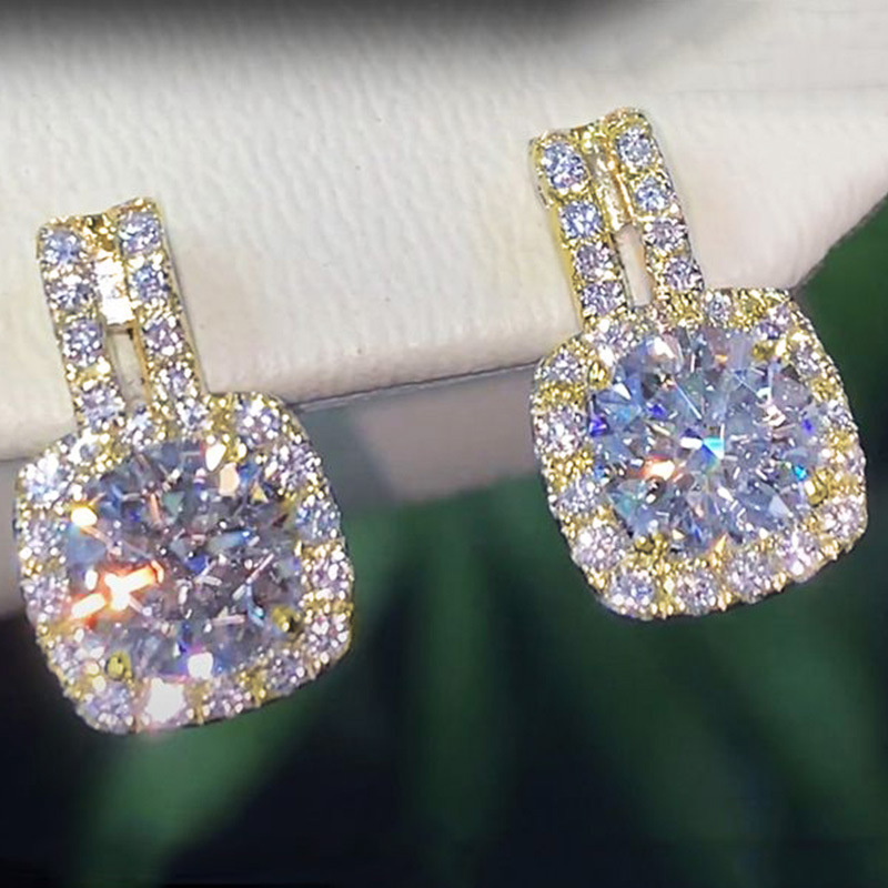 Classic Stud Earrings Women Round Cut Cubic Zirconia Stud White Gold Set Sparkling Crystal Stud Earrings Pink Diamond Earrings Luxury Jewelry