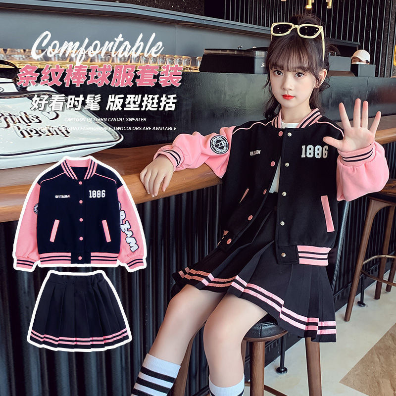 Clothing Sets Teen Girls Autumn Suit Baseball Uniform Spring Fashion Letter Print Patchwork Jacket Coat Pleated Skirt 2pcs JK Outfits 4 14 Y 230814
