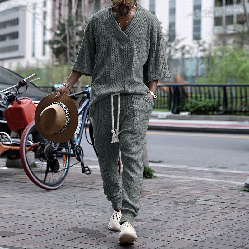Men's Tracksuits Casual Short Sleeve V Neck Sweater Top Pocket Pants Clothing Suit Y2K INS Clothes Summer Autumn Two Piece Set For Men