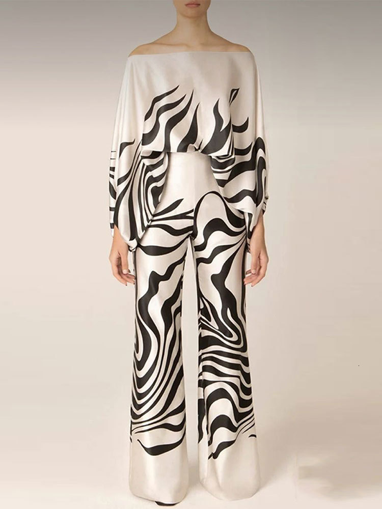 Women's Two Piece Pant Casual Satin Print Suit Fashion Hollow Off Shoulder Tops With Long Pants 2 Sets 2023 Spring Loose Commuting Outfits p23081