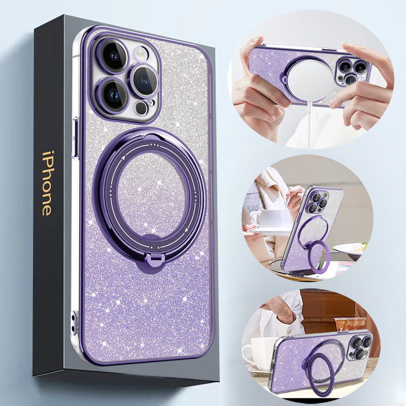 Bling Glitter Gradient Rotatable Ring Stand Clear Magsafe Magnetic Shockproof Cases With Camera Lens Film Protector for iPhone 16 15 14 13 12 11 Pro M