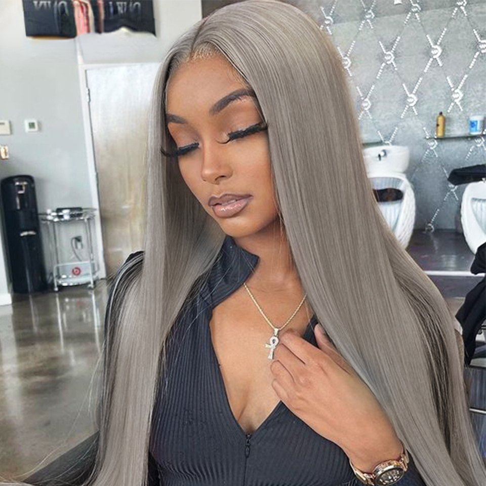 Free shipping Brazilian Human Hair Grey Colored Front Wigs For Women HD Transparent Lace Gray Frontal Pre Plucked Bone Straight Wig Synthetic Mixed Pr