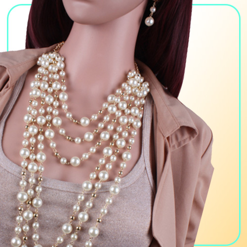 Multilayer Pearl Necklaces Sweaters Chain Multilayer Strand Chain Faux Pearls Flapper Beads Cluster Long Choker Necklace333M