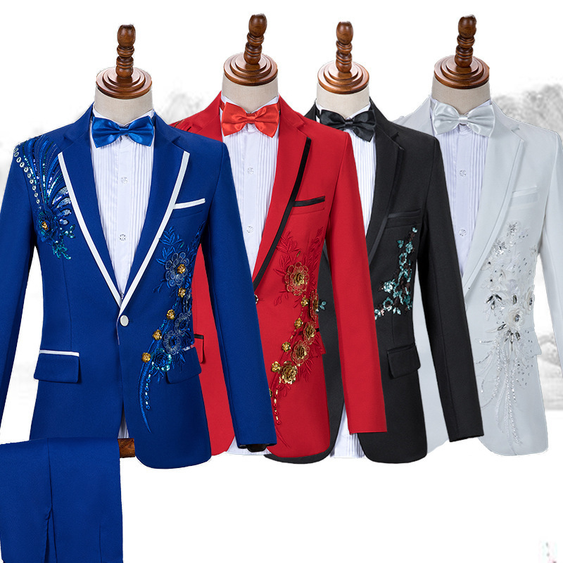 Men s Suits Blazers Royal Blue Sequin Embroidery Suit Men Wedding Groom Tuxedo Pants Mens One Button Lapel Stage Costume Traje Hombre 2XL 230815