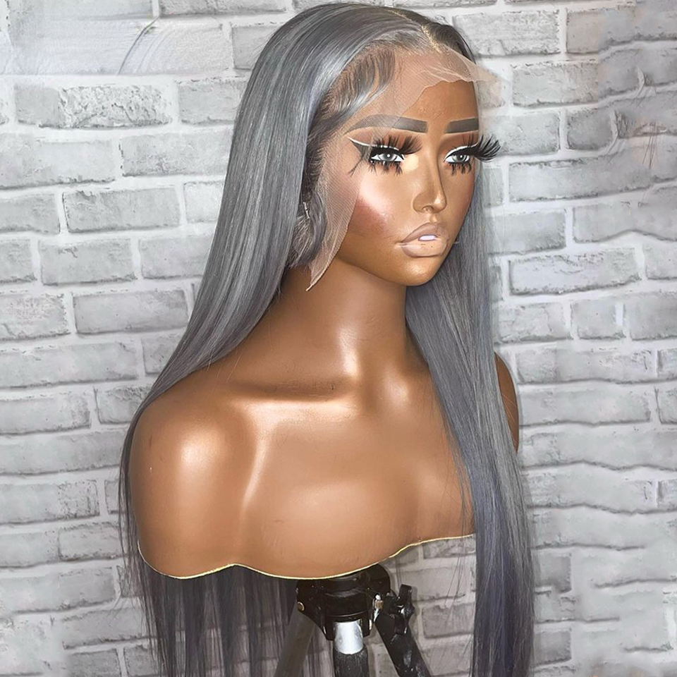 Free shipping Brazilian Human Hair Grey Colored Front Wigs For Women HD Transparent Lace Gray Frontal Pre Plucked Bone Straight Wig Synthetic Mixed Pr