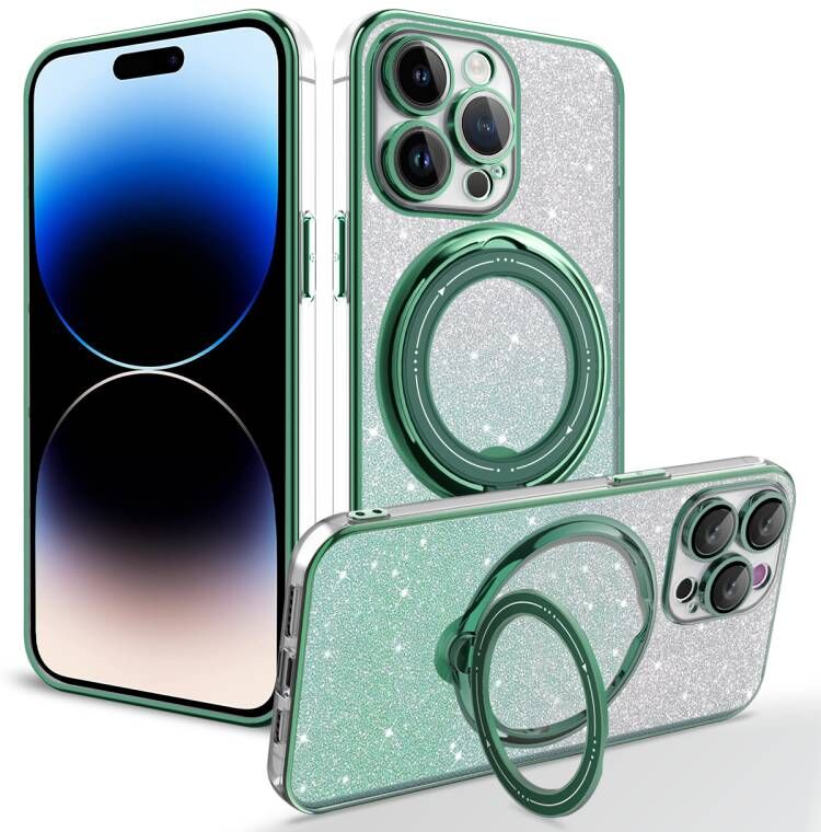 Bling Glitter Gradient Rotatable Ring Stand Clear Magsafe Magnetic Shockproof Cases With Camera Lens Film Protector for iPhone 16 15 14 13 12 11 Pro M