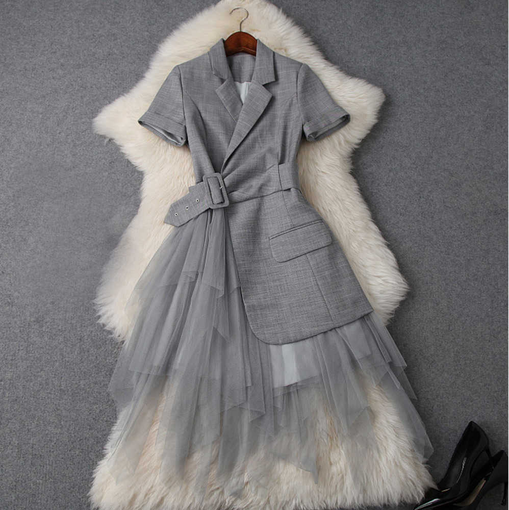 Spring Summer Elegant Short Sleeve Notched-Lapel Pure Color Lace Panelled Long Maxi Dress Casual Dresses W0716T9748