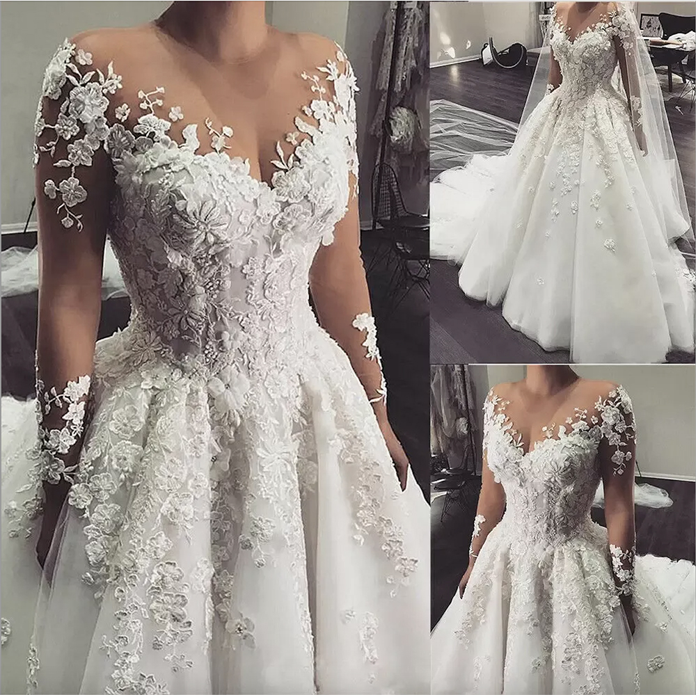 Elegant A-line Long Sleeve Wedding Dress with Beaded Jewel Neck, 3D Floral Lace Appliques, Tulle Sweep Train