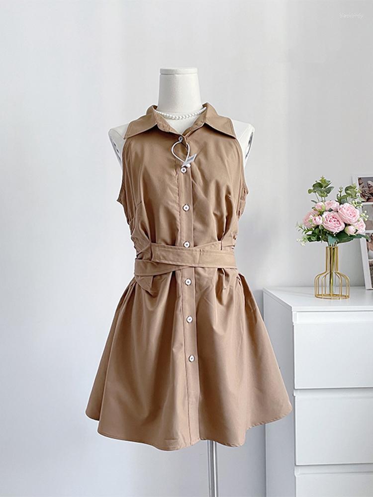 Casual Dresses French Style Solid Color Women One-Piece Lapel Sleeveless Single Breasted Vestidos Female Tie Up Pleated Dress Streetwear