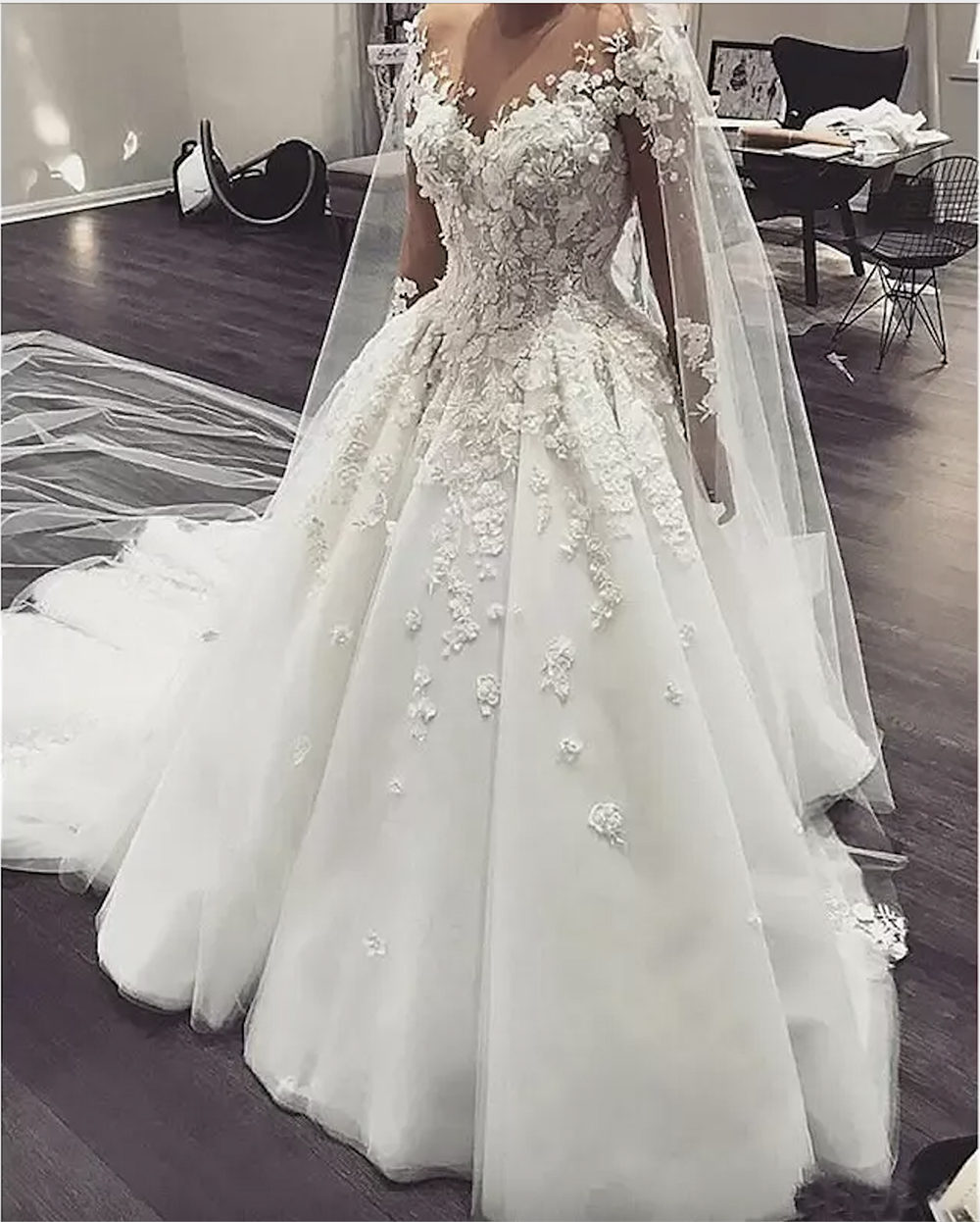 Elegant A-line Long Sleeve Wedding Dress with Beaded Jewel Neck, 3D Floral Lace Appliques, Tulle Sweep Train