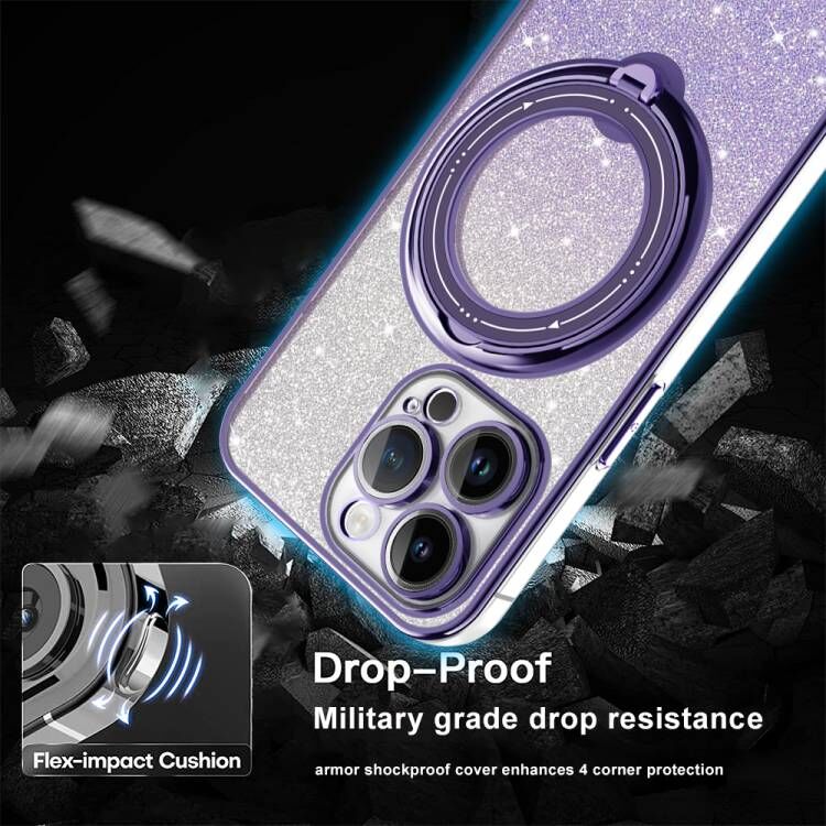 Bling Glitter Gradient Rotatable Ring Stand Clear Magsafe Magnetic Shockproof Cases With Camera Lens Film Protector for iPhone 16 15 14 13 12 11 Pro M