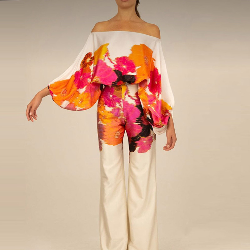 Women's Two Piece Pants Casual Satin Commuting Suit Fashion Hollow Off Shoulder Tops With Long Pant 2 Sets 2023 Spring Loose Print Outfits 230814