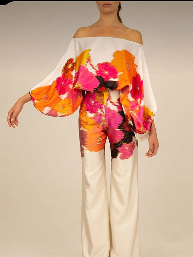 Women's Two Piece Pant Casual Satin Print Suit Fashion Hollow Off Shoulder Tops With Long Pants 2 Sets 2023 Spring Loose Commuting Outfits p23081