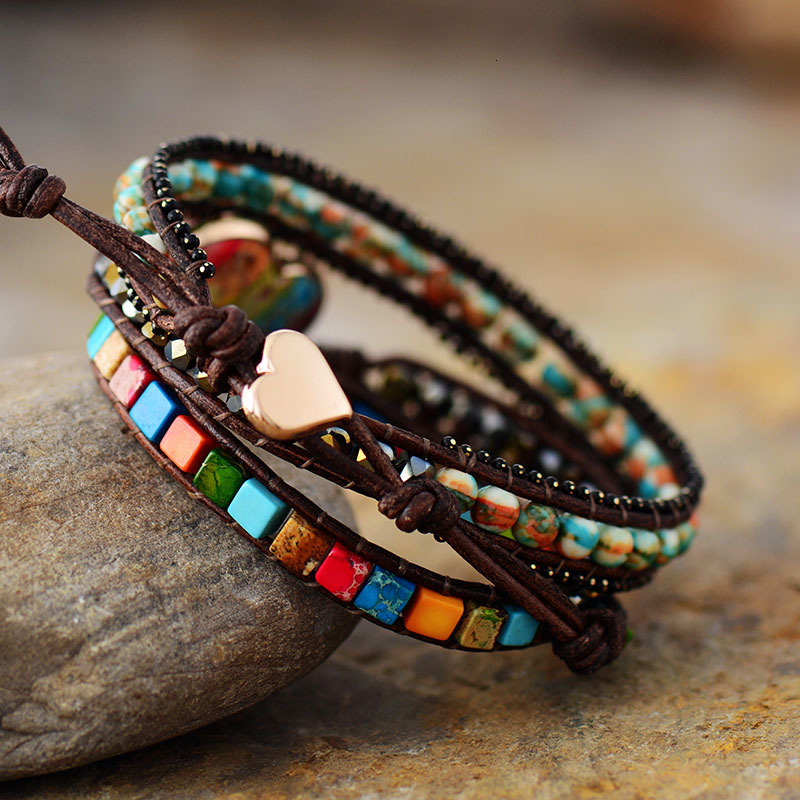 Charm Bracelets Cool Black Big Heart Center Stone Chakra Spiritual Wristband Leather Wrap Bracelet Girls Energy Anxiety Jewelry 230814