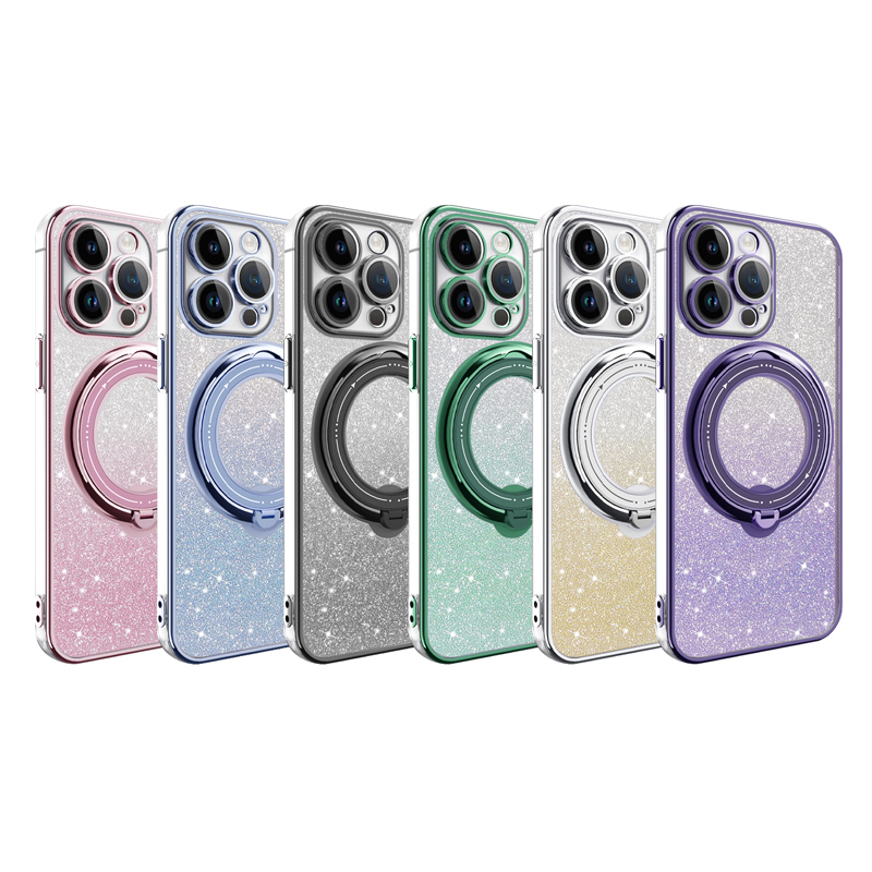 Bling Glitter Gradient Rotatable Ring Stand Clear Magsafe Magnetic Shockproof Cases With Camera Lens Film Protector for iPhone 16 15 14 13 12 11 Pro M