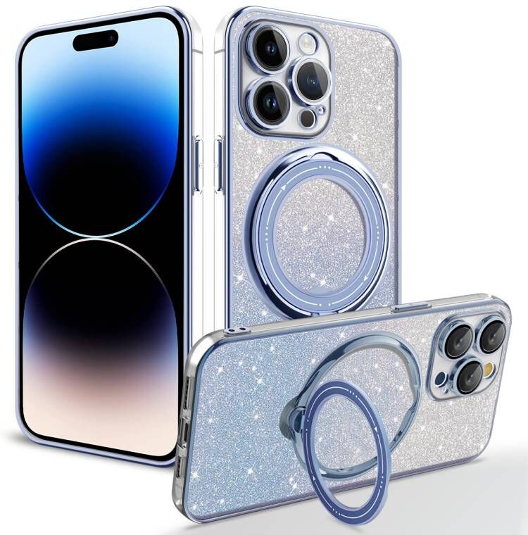 Bling Glitter Gradient Rotatable Ring Stand Clear Magsafe Magnetic Shockproof Cases With Camera Lens Film Protector for iPhone 16 15 14 13 12 11 Pro M