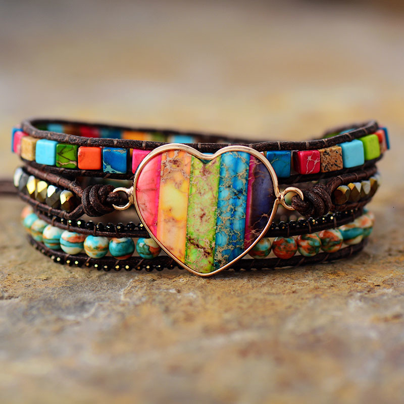 Charm Bracelets Cool Black Big Heart Center Stone Chakra Spiritual Wristband Leather Wrap Bracelet Girls Energy Anxiety Jewelry 230814