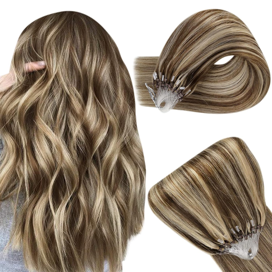 20 22 inch Remy Micro Ring Hair Extensions Human Hair Dark Brown Highlights Honey Blonde Micro Loop Human Hair Extensions 100g Micro Bead Extensions #