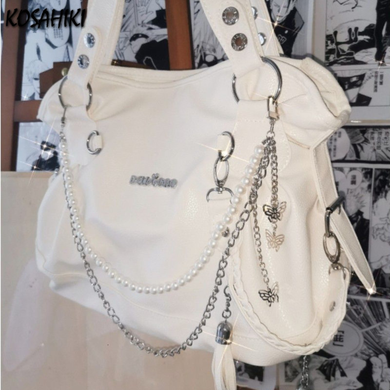 Evening Bags Streetwear Y2k New Casual All Match Shoulder Pearl Butterfly Chain Underarm Bag Tassel Letter Highcapacity Tote for Women 230814