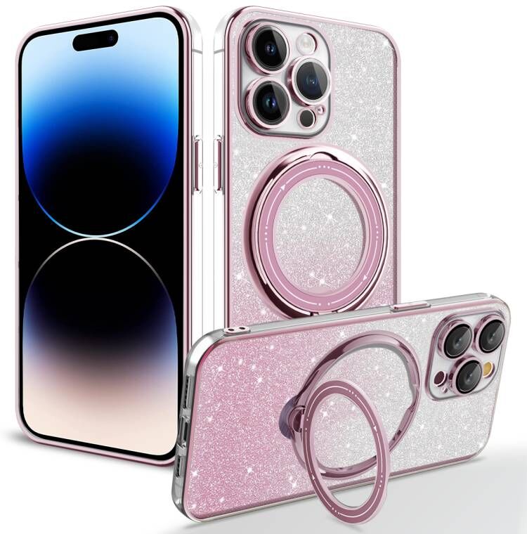 Bling Glitter Gradient Rotatable Ring Stand Clear Magsafe Magnetic Shockproof Cases With Camera Lens Film Protector for iPhone 16 15 14 13 12 11 Pro M