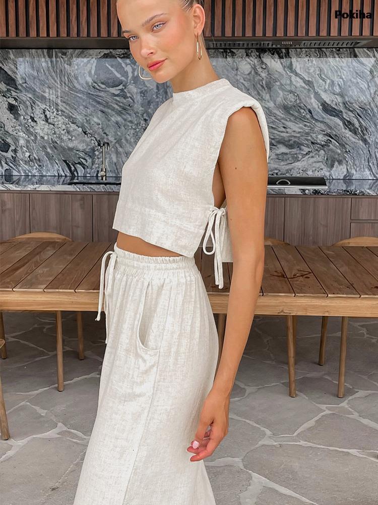 Women's Two Piece Pants Summer 2023 Women Holiday Linen Pant Set Crop Tops Solid Outfits 2 Matching For Sleeveless Casuals Fashion 230814