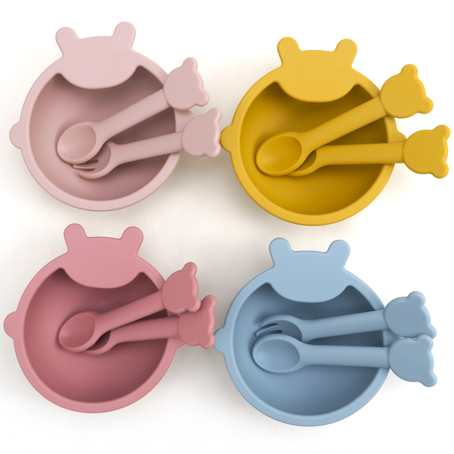 Cups Dishes Utensils 3PCS Set Silicone Baby Feeding Bowl Tableware For Kids Waterproof Suction With Spoon Fork born Kitchenware Stuff 230814