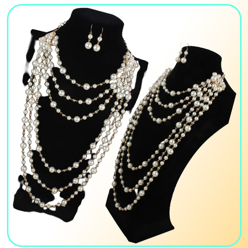 Multilayer Pearl Necklaces Sweaters Chain Multilayer Strand Chain Faux Pearls Flapper Beads Cluster Long Choker Necklace333M