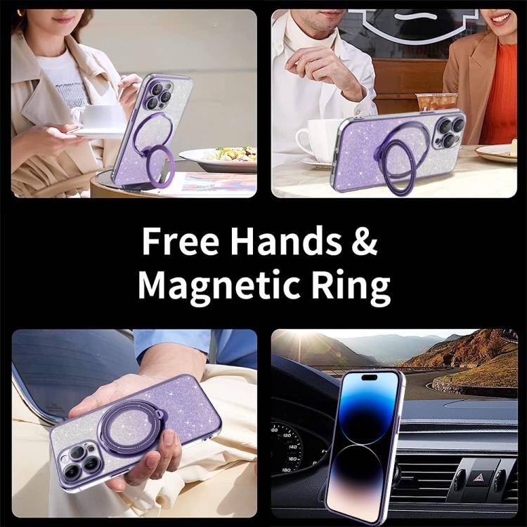 Bling Glitter Gradient Rotatable Ring Stand Clear Magsafe Magnetic Shockproof Cases With Camera Lens Film Protector for iPhone 16 15 14 13 12 11 Pro M