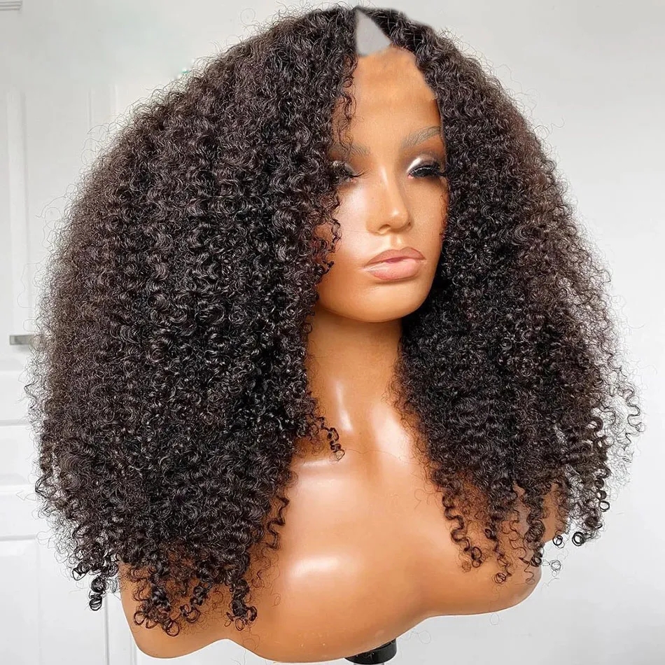 3C 4A Afro kinky curly v part human hair wg 150%density thin natural color brazilian hair wig for black women glueless wigs