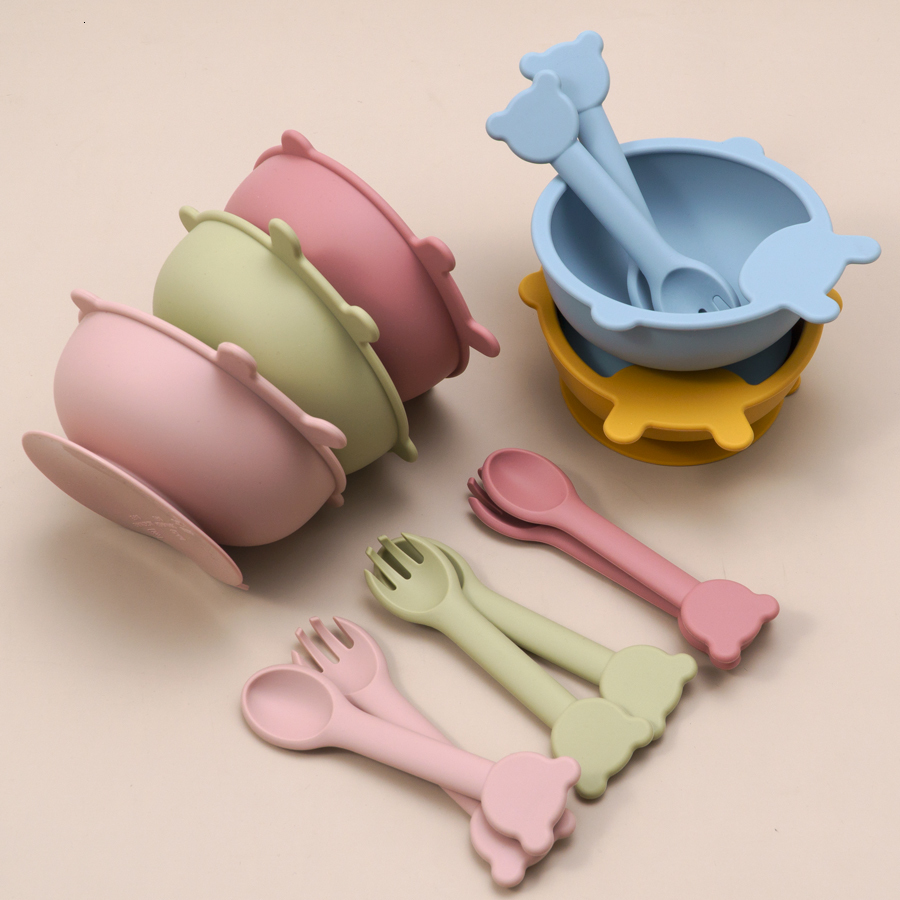 Cups Dishes Utensils 3PCS Set Silicone Baby Feeding Bowl Tableware For Kids Waterproof Suction With Spoon Fork born Kitchenware Stuff 230814