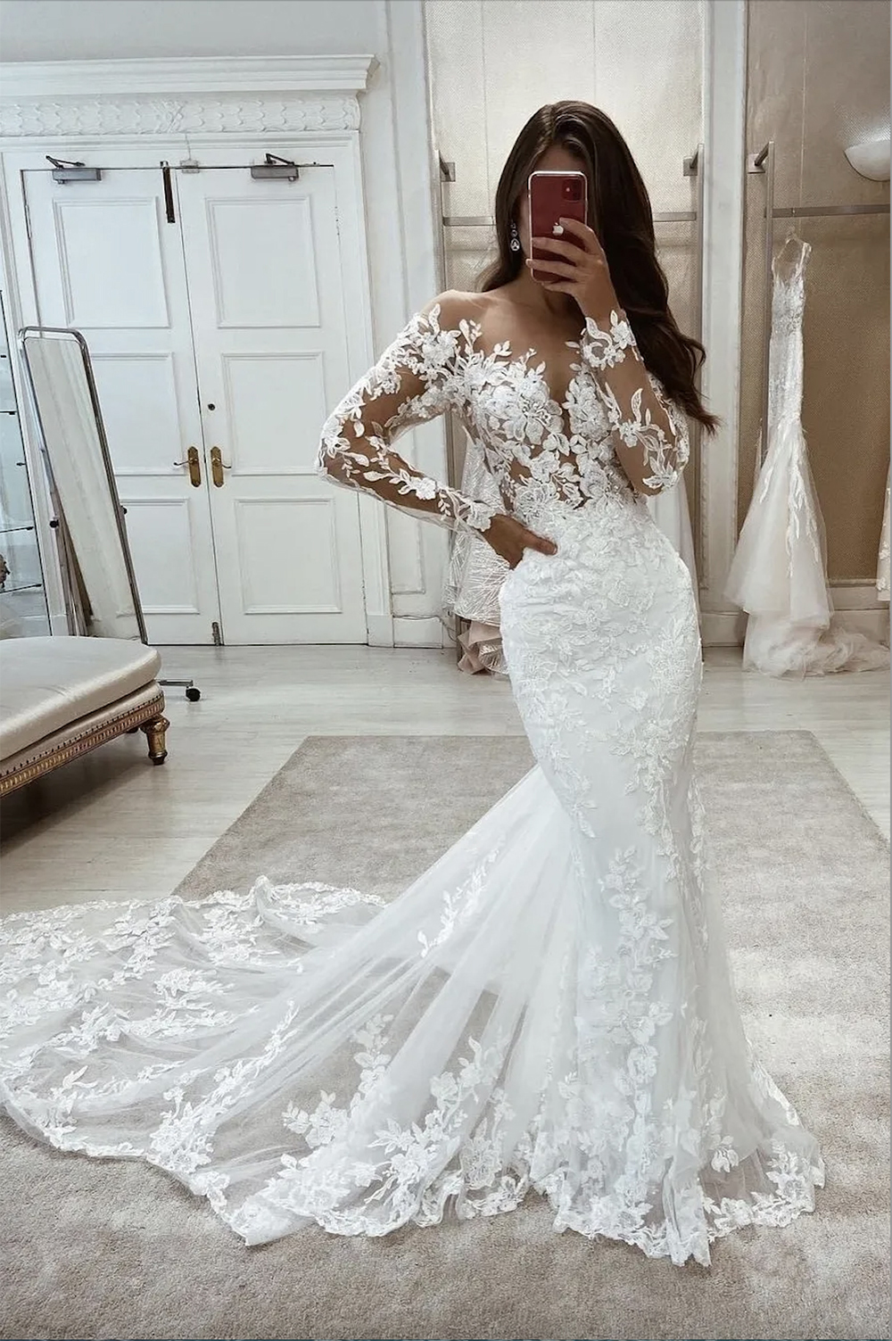 Elegant Lace Mermaid Bridal Gown with Sheer Long Sleeves and Applique Detailing, Jewel Neckline Wedding Dress for Garden Boho Theme