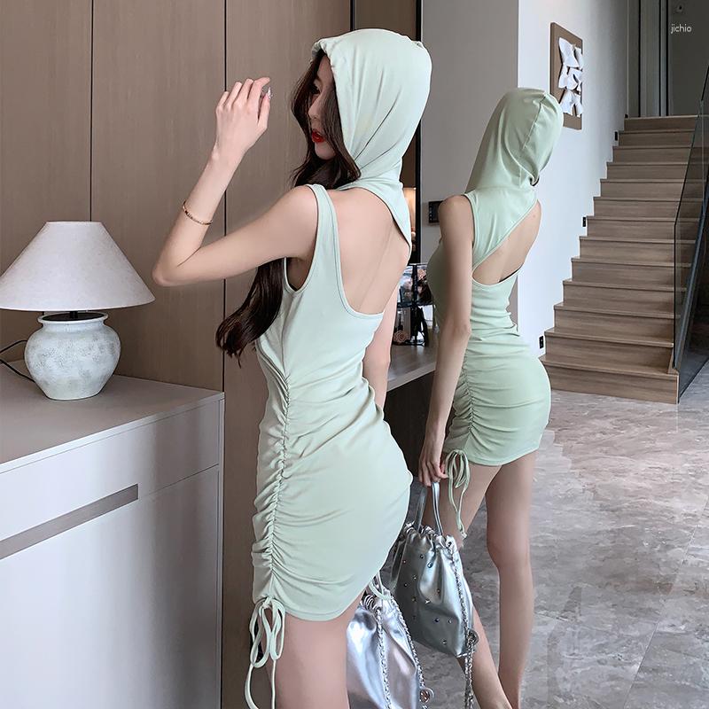Casual Dresses Summer Halter Collar Hollow Out Back Stretchy Mini Dress Sleeveless Hooded Tank Draw String Bodycon For Women