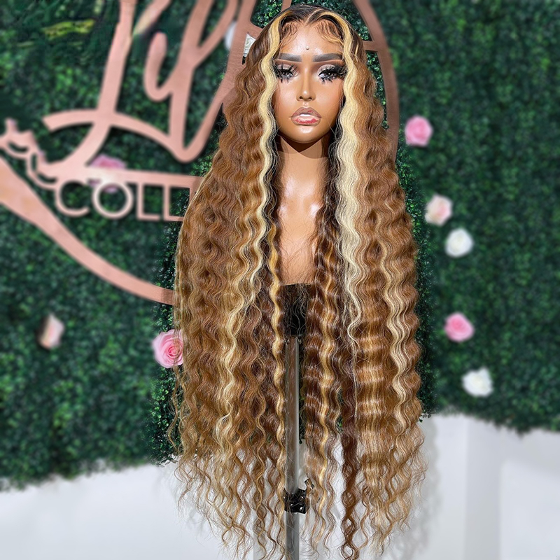 Free shipping Brazilian Glueless Highlight Human Hair Deep Wave Frontal Wig 13x4 Brown Blonde Colored Lace Front Wigs Synthetic 250 Density