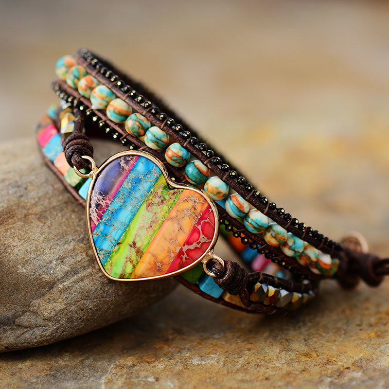 Charm Bracelets Cool Black Big Heart Center Stone Chakra Spiritual Wristband Leather Wrap Bracelet Girls Energy Anxiety Jewelry 230814