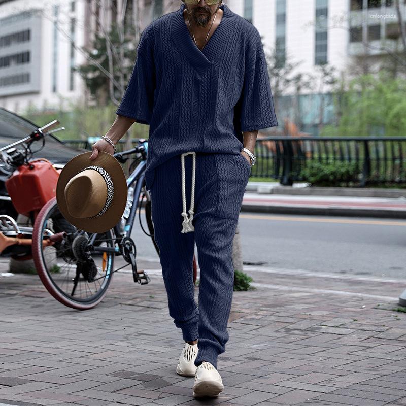 Men's Tracksuits Casual Short Sleeve V Neck Sweater Top Pocket Pants Clothing Suit Y2K INS Clothes Summer Autumn Two Piece Set For Men