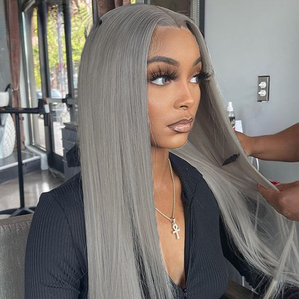 Free shipping Brazilian Human Hair Grey Colored Front Wigs For Women HD Transparent Lace Gray Frontal Pre Plucked Bone Straight Wig Synthetic Mixed Pr