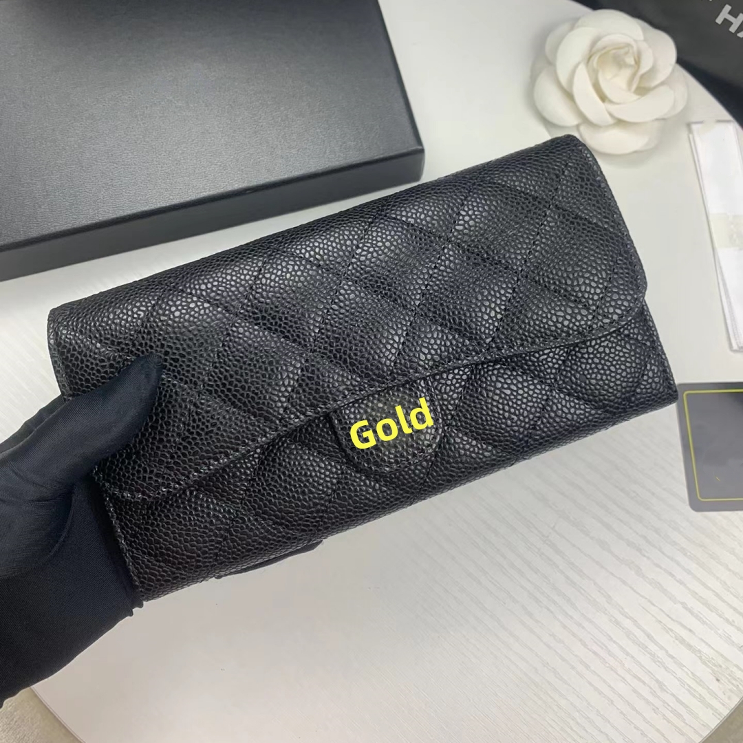 Luxury Long Caviar Wallet Genuine Leather Designer Business Clutch Man Womans Real Leather Classic Letter Design Credit ID Card Holder Coin Purse Hand Bag With Box