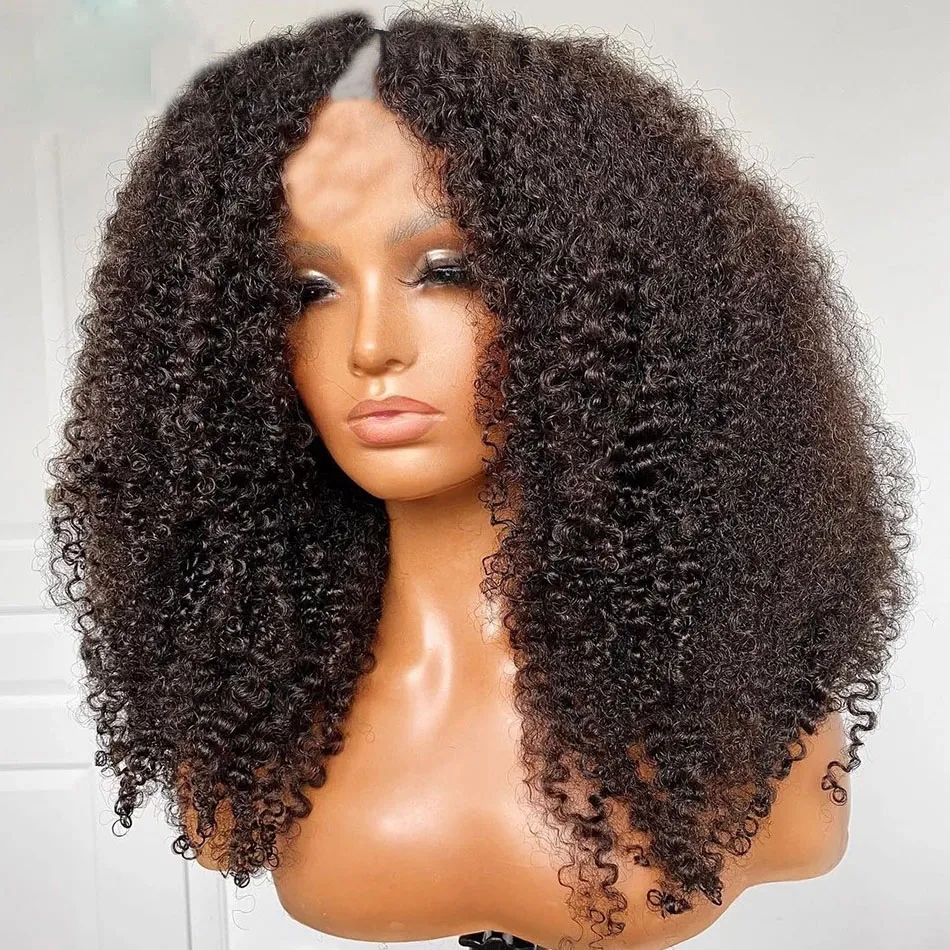 3C 4A Afro kinky curly v part human hair wg 150%density thin natural color brazilian hair wig for black women glueless wigs
