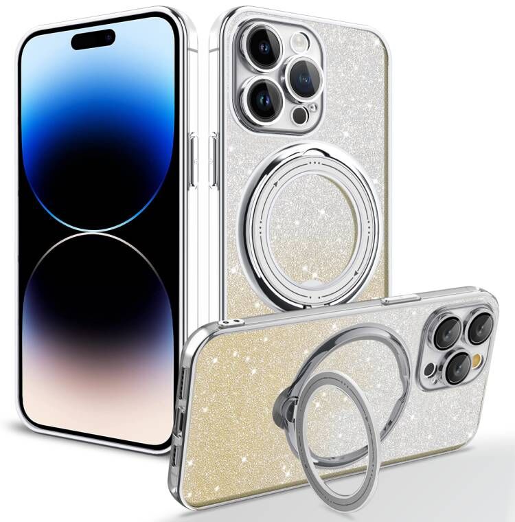 Bling Glitter Gradient Rotatable Ring Stand Clear Magsafe Magnetic Shockproof Cases With Camera Lens Film Protector for iPhone 16 15 14 13 12 11 Pro M
